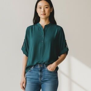 NWT MICHAEL KORS Petite Large Atlantic Blue Roll-Tab Blouse